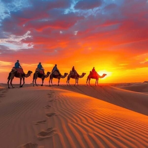 Camel trek at sunset in the Sahara dunes of Merzouga